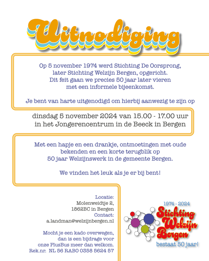 Welzijn Bergen viert op 5 november haar 50-jarig jubileum